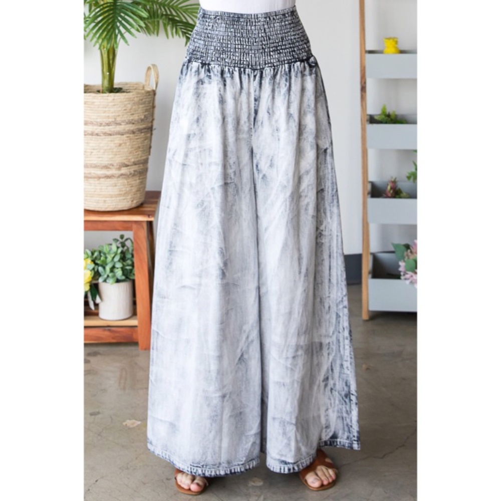 SOLD OUT Bleach Washed Gray Wide Palazzo Leg Tencel Casual Smocked High Waist - Picture 3 of 7